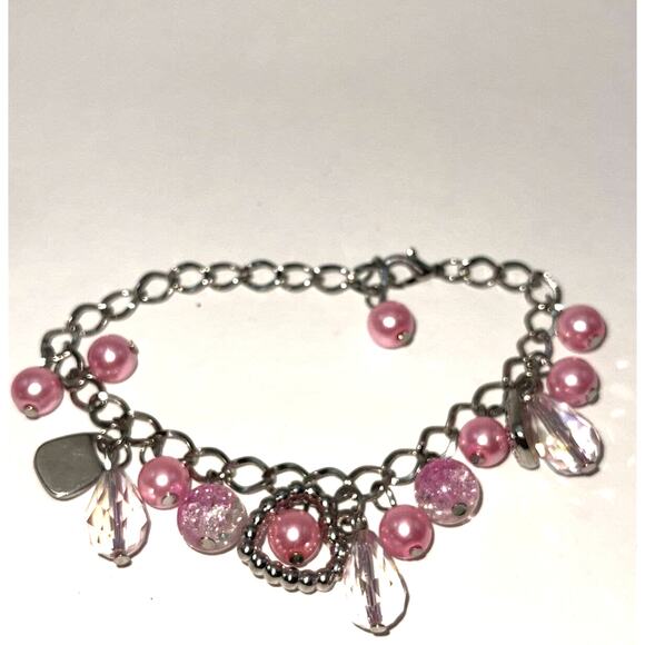 Vintage Silver Tone Pink Glass Crystal Bead Charm Bracelet Awareness B#18 - Picture 5 of 7
